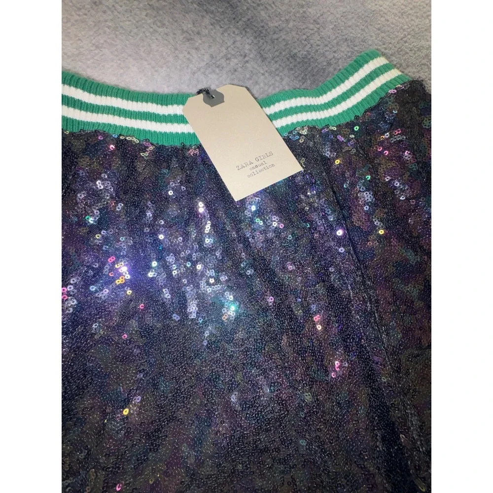(CL) Zara Girls Sequin Skirt Iridescent Green Striped Waistband‎ Size 13-14 NWT